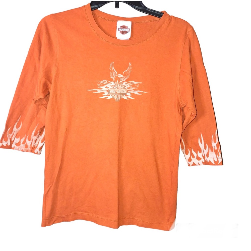 Harley‎ Davidson El Paso Texas Flame 3/4 Sleeve Shirt Burnt Orange Large